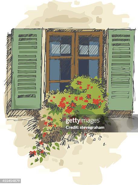 tuscan window - geranium stock illustrations