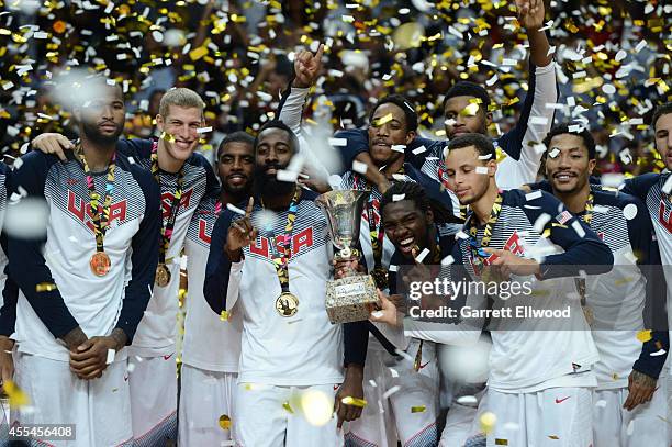 The USA Men's National Team celebrates on the podium with the World Cup after defeating the Serbia National Team in the 2014 FIBA World Cup Finals at...