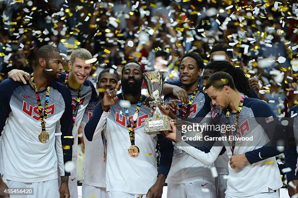 The USA Men's National Team celebrates on the podium with the World Cup after defeating the Serbia National Team in the 2014 FIBA World Cup Finals at...