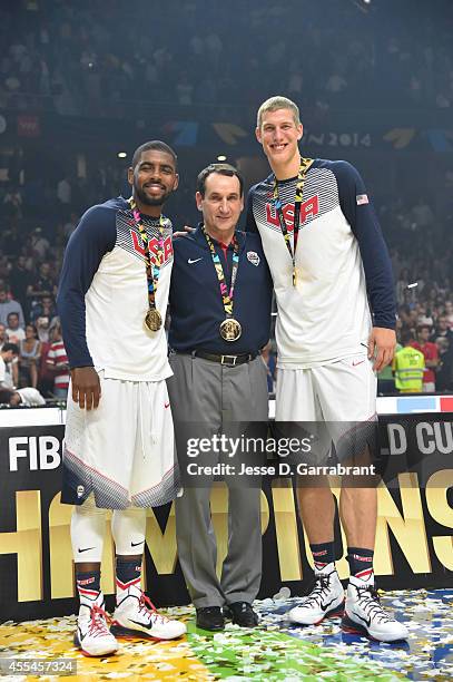 Kyrie Irving, Head Coach Mike Krzyzewski and Mason Plumlee of the USA Men's National Team poses for a photo after defeating the Serbia National Team...