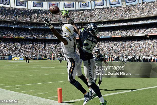 Wide receiver Eddie Royal of the San Diego Chargers is defended by cornerback Richard Sherman of the Seattle Seahawks at Qualcomm Stadium on...
