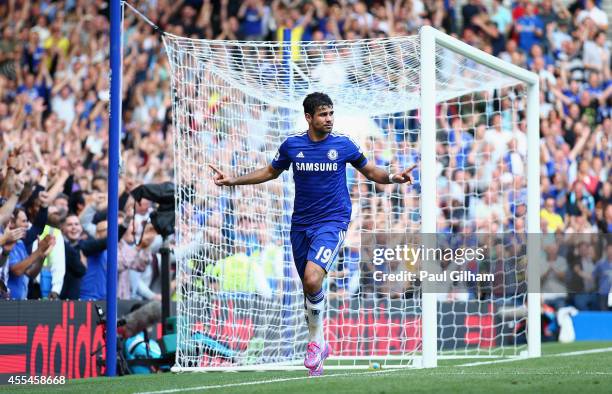 Diego Costa of Chelsea celebrates after scoring his and his team's second goal during the Barclays Premier League match between Chelsea and Swansea...