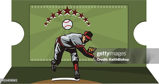 baseball player pitching and ticket graphic - baseball tickets stock illustrations