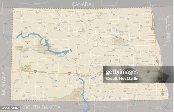 a computerized map of north dakota - theodore roosevelt national park stock illustrations