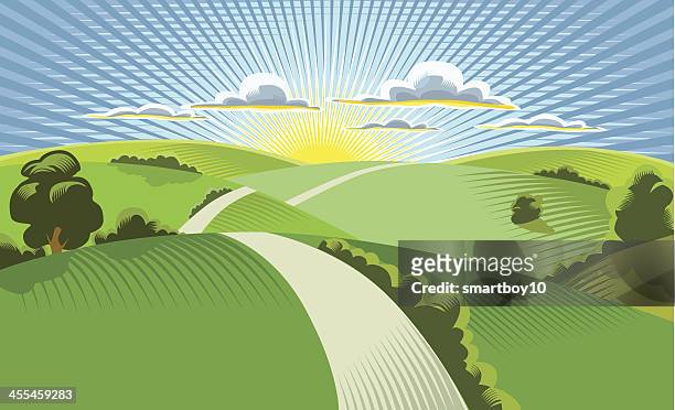 bildbanksillustrationer, clip art samt tecknat material och ikoner med illustration of sun rising behind rolling hills - distance marker