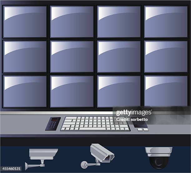 stockillustraties, clipart, cartoons en iconen met graphic of a security control room with tv screens - cctv
