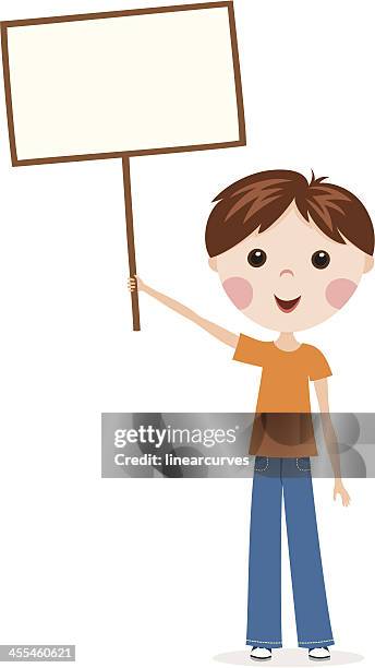 ilustrações, clipart, desenhos animados e ícones de garoto segurando uma placa - holding up sign