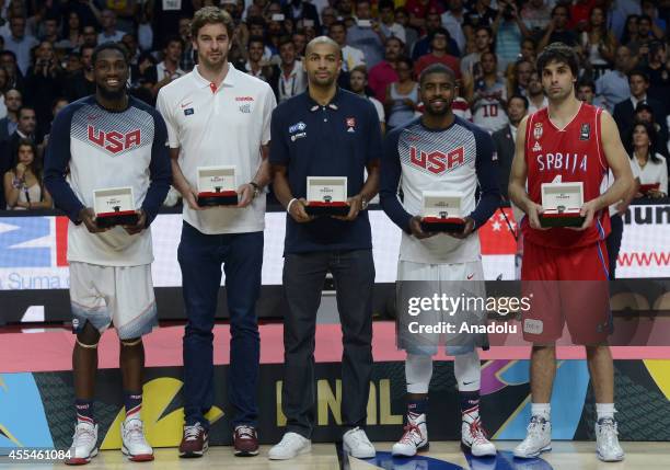 Kenneth Faried of USA, Pau Gasol of Spain, Nicolas Batum of France, Kyrie Irving of USA and Milos Teodosic of Serbia are named the All-Tournament...