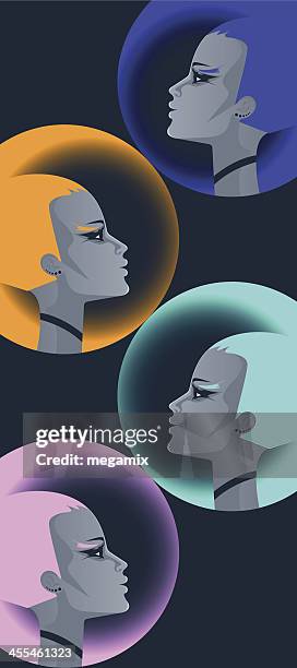 four techno women. - flourescent makeup stock illustrations