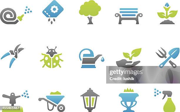 ilustraciones, imágenes clip art, dibujos animados e iconos de stock de stampico iconos de jardinería - horca artículos de jardín