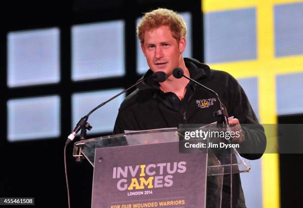 Prince Harry speaks onstage during the Invictus Games Closing Concert at the Queen Elizabeth Olympic Park on September 14, 2014 in London, England.