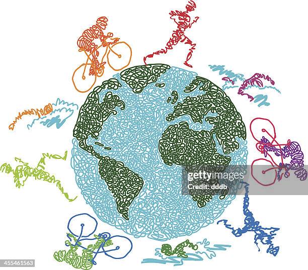 ilustrações, clipart, desenhos animados e ícones de os triatletas rabiscado mundo - ironman triathlon