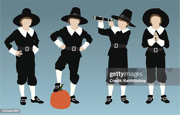 stockillustraties, clipart, cartoons en iconen met pilgrim boys - pilgrim