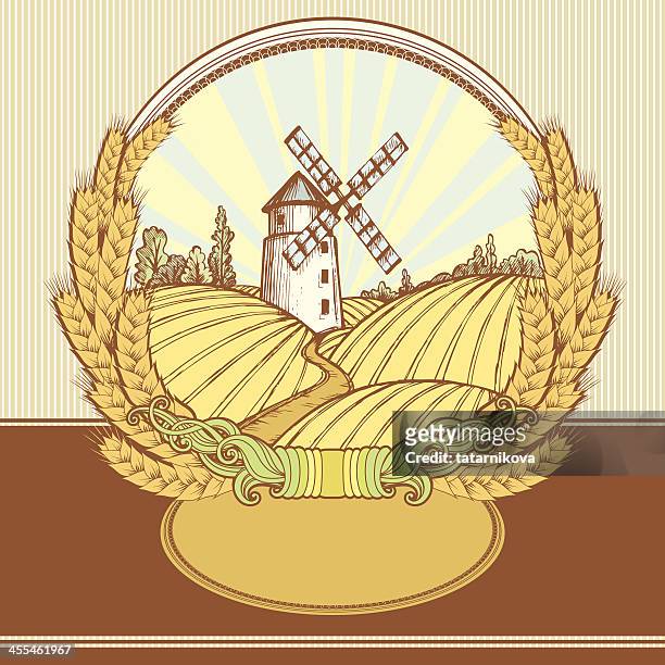 wheat label - water mill stock illustrations