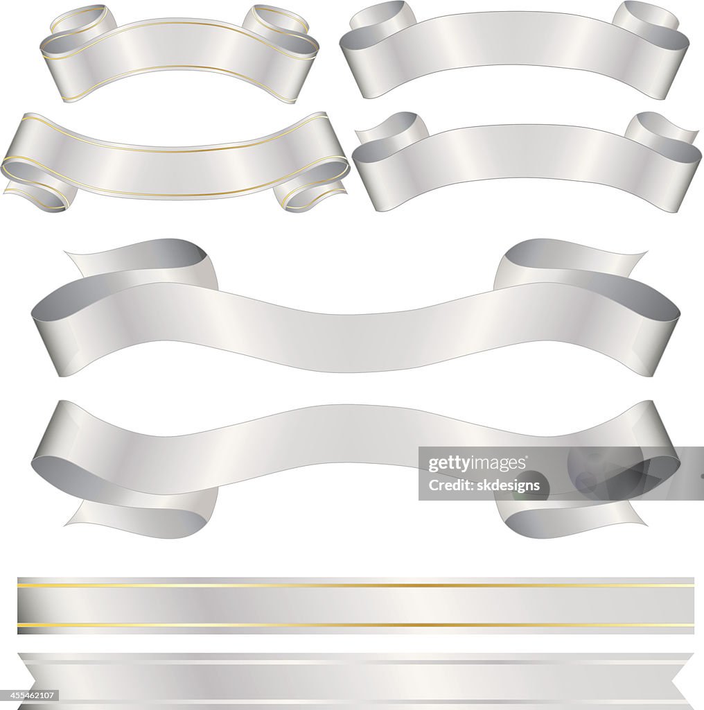 Shiny Banners, Ribbons, Stickers Set: Silver, Gold Metallic Satin