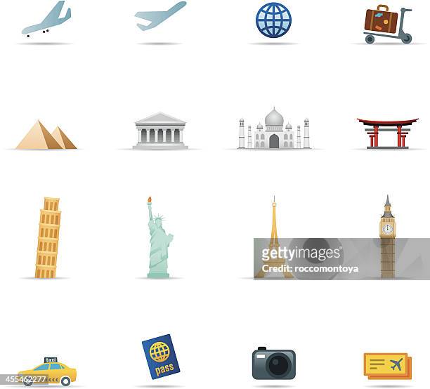 ilustrações de stock, clip art, desenhos animados e ícones de conjunto de ícones de viagens itens de cores - torre eiffel