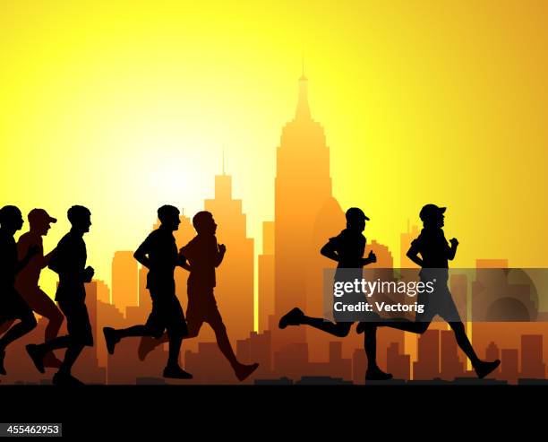 silhouette of race runners in front of sunset lit cityscape - marathon vector stock illustrations