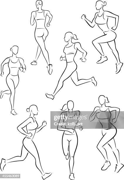 ilustraciones, imágenes clip art, dibujos animados e iconos de stock de mujer correr trotar - pruebas en pista