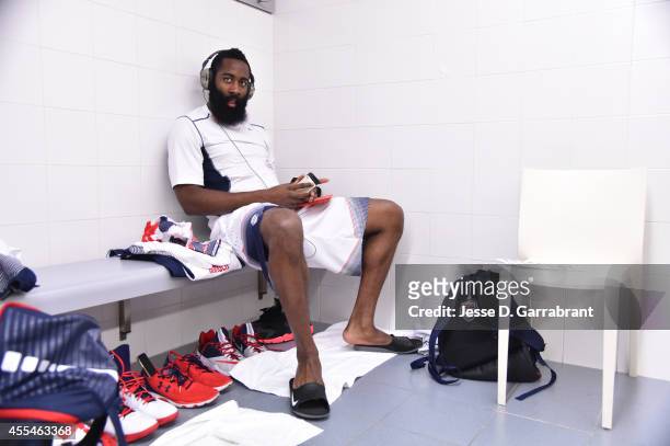 James Harden of the USA Men's National Team prepares for the game against the Serbia National Team during the 2014 FIBA World Cup Finals at Palacio...