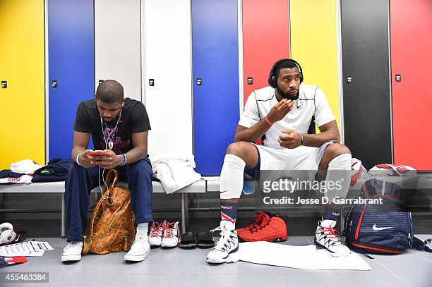 Kyrie Irving and Andre Drummond of the USA Men's National Team prepares for the game against the Serbia National Team during the 2014 FIBA World Cup...