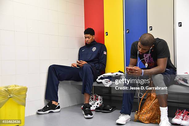 Anthony Davis and Kyrie Irving of the USA Men's National Team prepares for the game against the Serbia National Team during the 2014 FIBA World Cup...