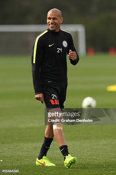 Patrick Kisnorbo of Melbourne City smiles during a training session at La Trobe University Sports Fields on September 15, 2014 in Melbourne,...