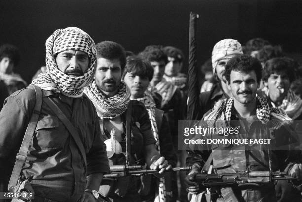 The last Palestinian Liberation Organisation soldiers to leave Lebanon wait, 30 August 1982, in Beirut. In August and September 1982, PLO leader...