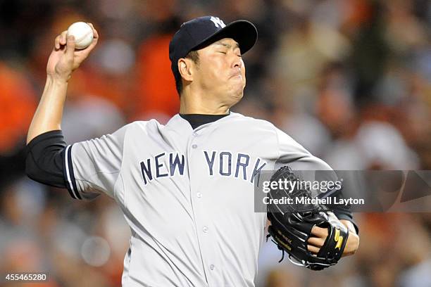 Hiroki Kuroda of the New York Yankees pitches in second inning during a baseball game against the Baltimore Orioles on September 14, 2014 at Oriole...