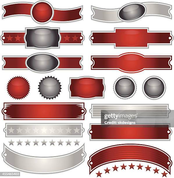 shiny red, silver ribbons, stickers, buttons, and stars set - gold rectangle stock illustrations