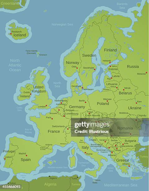 europe continental map with capitals and labels - map of switzerland and austria stock illustrations