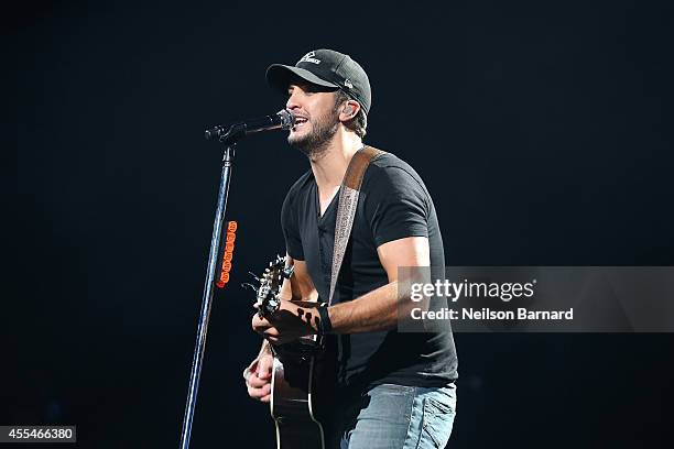 American country singer and songwriter, Luke Bryan performs on stage as part of his "That's My Kind of Night Tour" at Barclays Center on September...