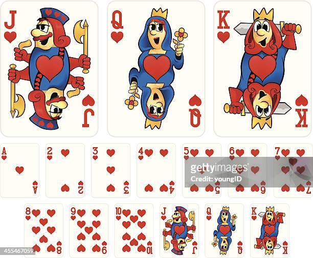 illustrazioni stock, clip art, cartoni animati e icone di tendenza di fumetto di carte da gioco-cuori tuta - hearts playing card