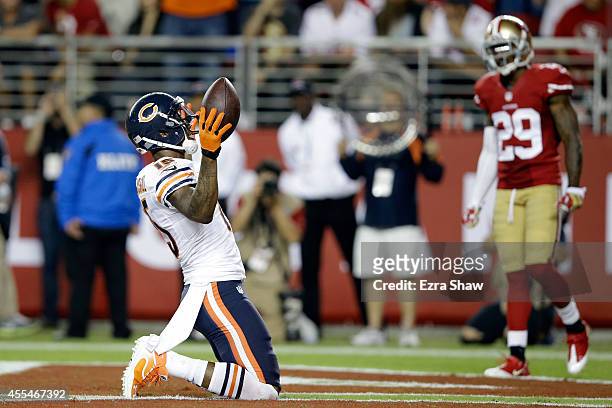 Wide receiver Brandon Marshall of the Chicago Bears celebrates after a touchdown during the third quarter of their game against the San Francisco...