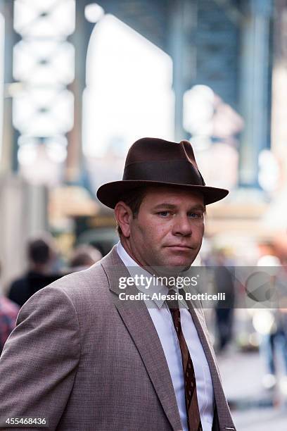 Domenick Lombardozzi is seen on location in Dumbo filming Cold War thriller 'St. James Place' on September 14, 2014 in Brooklyn borough of New York...