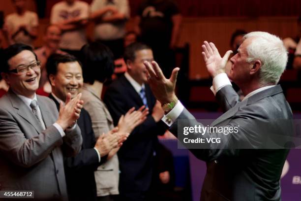 Chairman of WPBSA Barry Hearn attends the closing ceremony of the World Snooker Bank of Communications OTO Shanghai Masters 2014 at Shanghai...