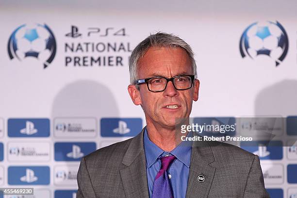 David Gallop FFA Chief Executive Officer speaks during the NPL Finals Series & Partnership Launch at AAMI Park on September 15, 2014 in Melbourne,...