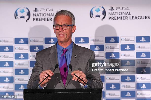 David Gallop FFA Chief Executive Officer speaks during the NPL Finals Series & Partnership Launch at AAMI Park on September 15, 2014 in Melbourne,...