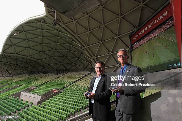 Michael Ephraim Managing Director Sony Computers Entertainment Australia and David Gallop FFA Chief Executive Officer pose for photos during the NPL...