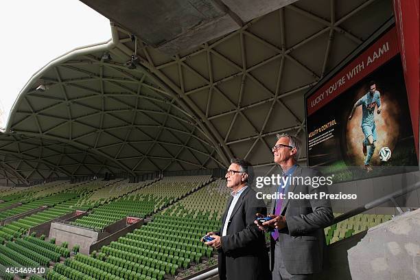 Michael Ephraim Managing Director Sony Computers Entertainment Australia and David Gallop FFA Chief Executive Officer pose for photos during the NPL...