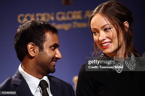Actors Aziz Ansari and Olivia Wilde attend the 71st Annual Golden Globe Awards nominations announcement on December 12, 2013 in Beverly Hills,...