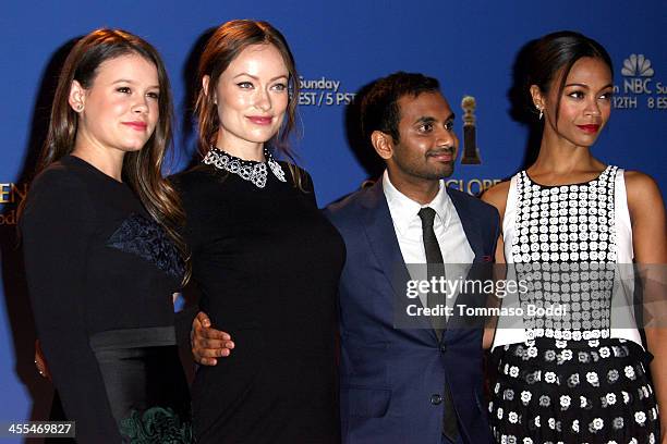 Actors Sosie Bacon, Olivia Wilde, Aziz Ansari and Zoe Saldana attend the 71st Annual Golden Globe Awards nominations announcement on December 12,...