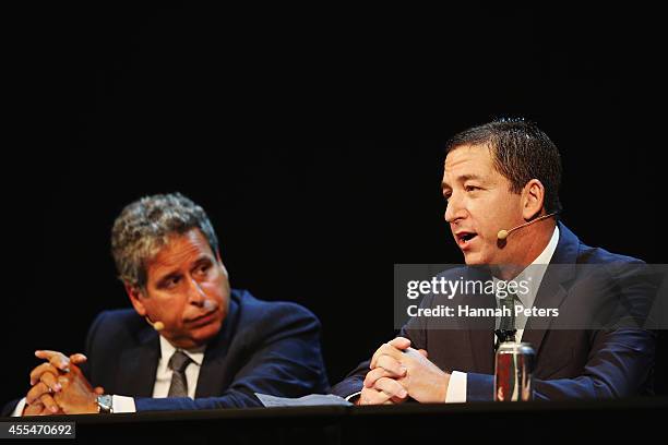 Robert Amsterdam and Glenn Greenwald discuss the revelations about New Zealand's mass surveillance at Auckland Town Hall on September 15, 2014 in...