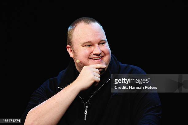 Kim Dotcom and other special guests discuss the revelations about New Zealand's mass surveillance at Auckland Town Hall on September 15, 2014 in...