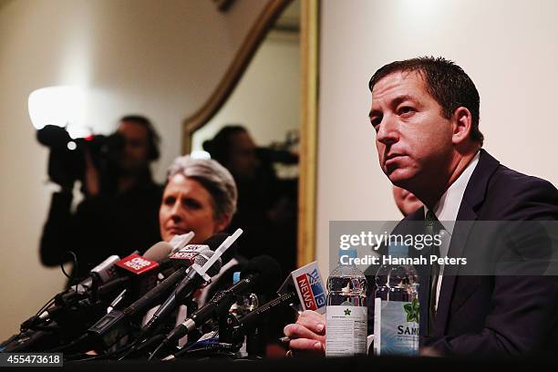 Glenn Greenwald talks to the media following the revelations about New Zealand's mass surveillance at Auckland Town Hall on September 15, 2014 in...