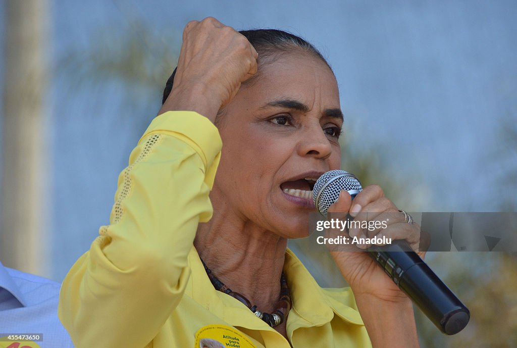 Brazil presidential candidate  Marina Silva speaks at a rally