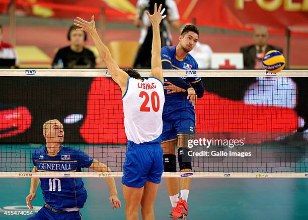 France players in action during Round 2 of the FIVB Volleyball Mens World Championship match between Serbia and France at Atlas Arena on September...