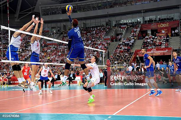 General action of France players during Round 2 of the FIVB Volleyball Mens World Championship match between Serbia and France at Atlas Arena on...