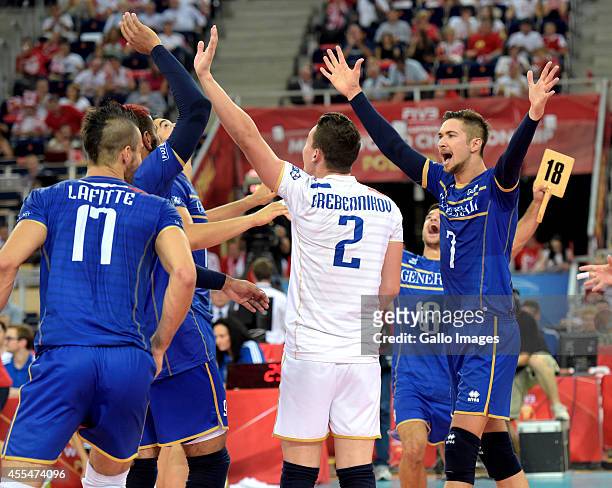 France players celebrating victory after during Round 2 of the FIVB Volleyball Mens World Championship match between Serbia and France at Atlas Arena...
