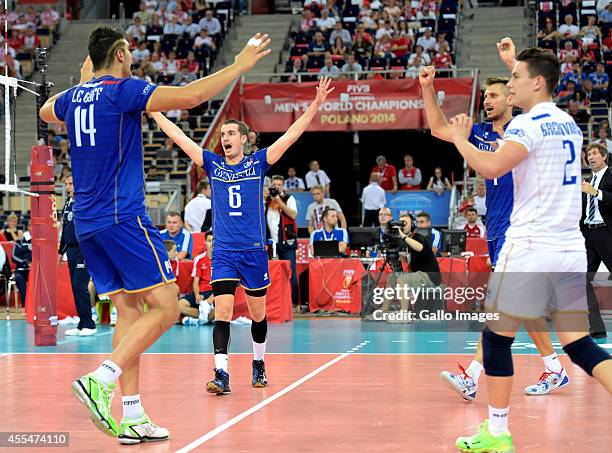 France players celebrating victory after during Round 2 of the FIVB Volleyball Mens World Championship match between Serbia and France at Atlas Arena...