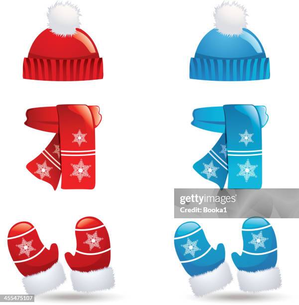 icons of sets of hats, scarves and gloves in blue and red - beanie stock illustrations